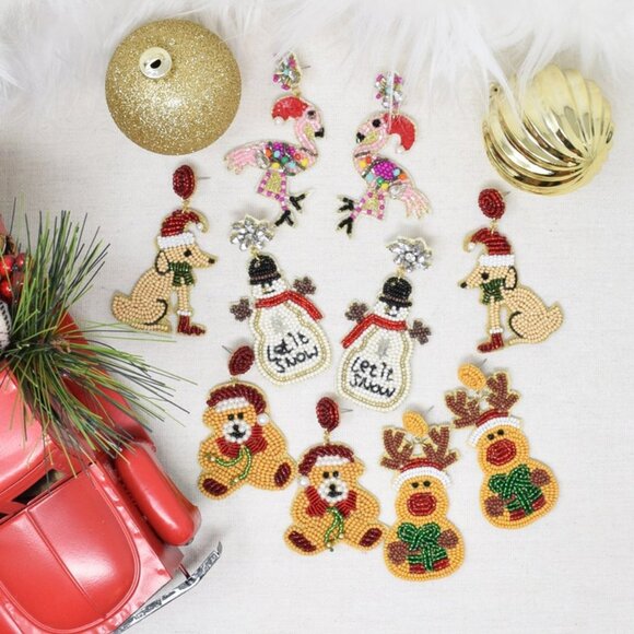 LET IT SNOW Seed Beaded Crystal Accent Snowman Christmas Holiday Earrings - Picture 2 of 2